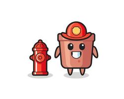 Mascot character of flowerpot as a firefighter vector