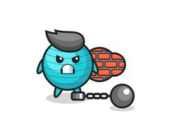 Mascota de personaje de pelota de ejercicio como prisionero. vector