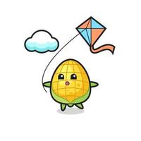 corn mascot illustration is playing kite vector