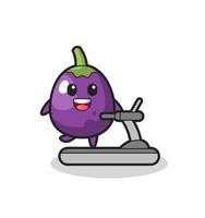 eggplant cartoon character walking on the treadmill vector