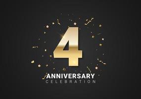 4 anniversary background with golden numbers, confetti, stars vector