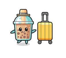 bubble tea cartoon illustration with luggage on vacation vector