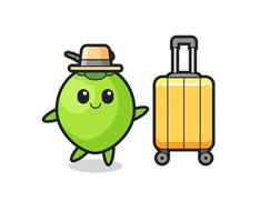 coconut cartoon illustration with luggage on vacation vector