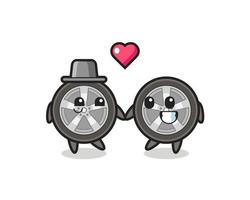 car wheel cartoon character couple with fall in love gesture vector
