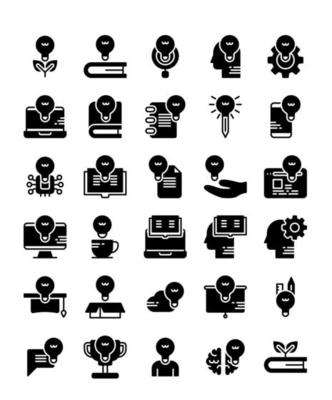 set of solid glyph knowledge education learning icons
