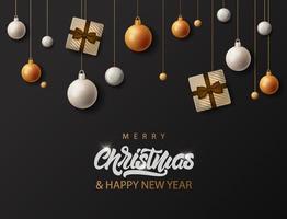 Merry Christmas banner with hanging on a string decorative toys vector