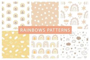 Cute rainbows seamless patterns set with hand drawn doodles vector