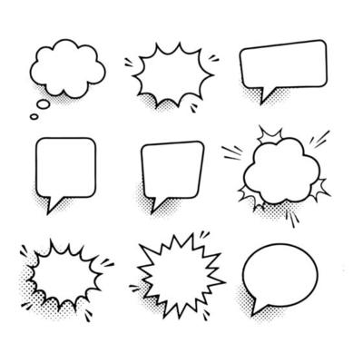 Retro empty comic speech bubbles set with black halftone shadows