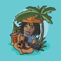 lindo, niño, tocar la guitarra, en, playa tropical, ilustración, vector