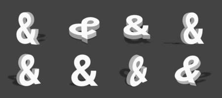 Ilustración del icono 3d ampersand blanco con diferentes vistas y ángulos vector