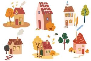 Various cute houses, trees and leaves. vector