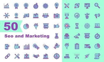 Conjunto de iconos de contorno lleno de marketing y seo de 50 vectores