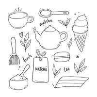 conjunto de elementos de ingredientes de té matcha dibujados a mano. vector