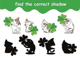 Encuentra la sombra correcta de gato con dibujos animados de hoja de la suerte. vector