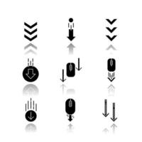 Scrolling down arrows drop shadow black glyph icons set vector