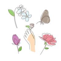 Set of monoline flower hand with butterfly vector illustration