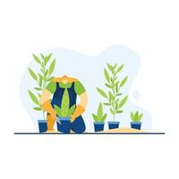Farmer planting potted plant seeds in the garden vector