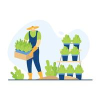 Farmer lifts box containing many potted plants in the garden vector
