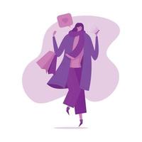 Stylish woman holding shopping bag while looking to smart phone vector