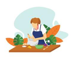 Woman baking outdoor cooking a meal vector