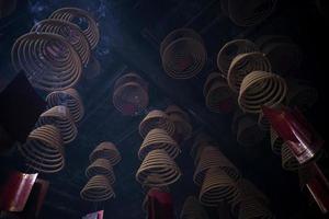 Traditional burning incense coils inside Chinese a-ma Buddhist temple in Macau China photo