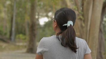 vista posteriore donna in abito casual che cammina tranquillamente nel parco naturale video