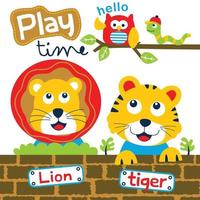 lion and tiger playing together funny cartoon,vector illustration vector