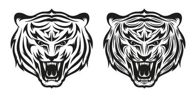 tatuaje de cabeza de tigre gruñendo en dos versiones vector