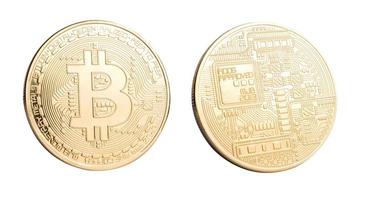 Golden bitcoin on white background photo