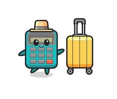calculator cartoon illustration with luggage on vacation vector