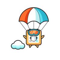 La mascota del calendario de dibujos animados es paracaidismo con gesto feliz vector