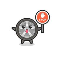 car wheel character illustration holding a stop sign vector