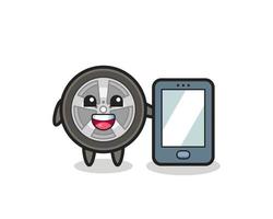 car wheel illustration cartoon holding a smartphone vector