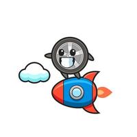 car wheel mascot character riding a rocket vector