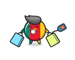cameroon flag badge mascot cartoon holding a shopping bag vector