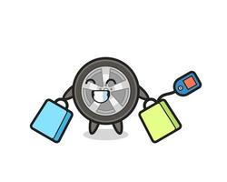 car wheel mascot cartoon holding a shopping bag vector