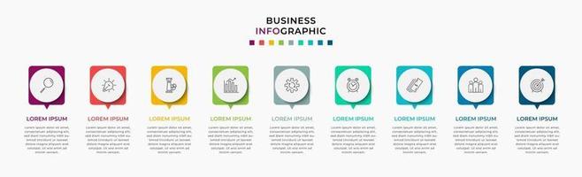 Plantilla de negocio de diseño infográfico con iconos y 9 opciones o pasos. vector