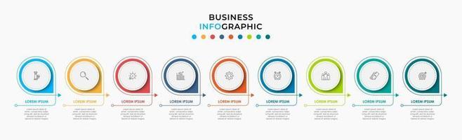 Plantilla de negocio de diseño infográfico con iconos y 9 opciones o pasos. vector