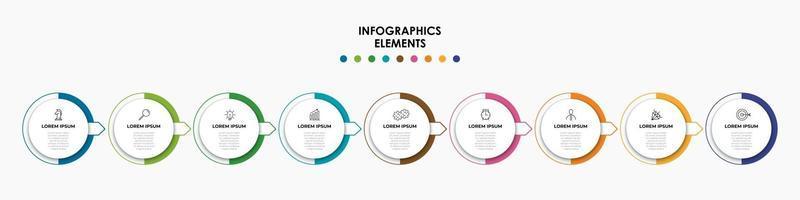 Plantilla de negocio de diseño infográfico con iconos y 9 opciones o pasos. vector