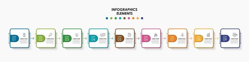 Plantilla de negocio de diseño infográfico con iconos y 9 opciones o pasos. vector