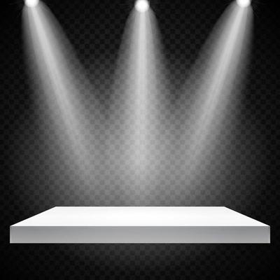 Concept, White Empty Shelf  Stand with Illumination on Gray Background