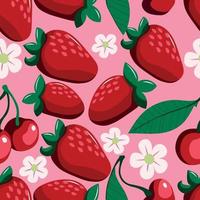 Seamless pattern with strawberries, cherries with leaf and flowers. vector