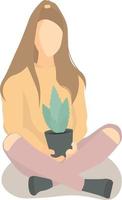 The girl sits in the lotus position in a sweatshirt. Holds a pot. vector