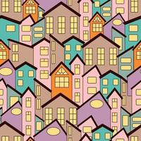Seamless vector of different houses with lights in the windows.