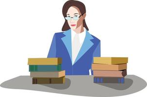 The teacher in a bright jacket sits at a desk with stacks of books. vector