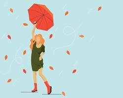 Girl with long hair and an umbrella. Leaves swirl around her. vector