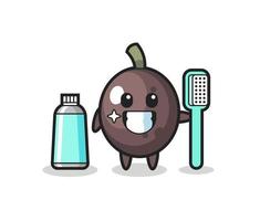 Ilustración de mascota de aceituna negra con un cepillo de dientes vector