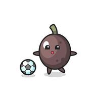 Illustration of black olive cartoon is playing soccer vector