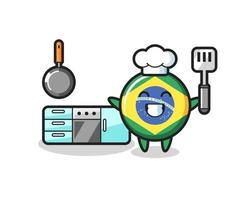 ilustración de personaje de insignia de bandera de brasil mientras un chef está cocinando vector