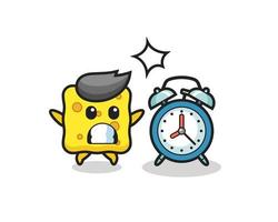 Cartoon Illustration of sponge is surprised with a giant alarm clock vector